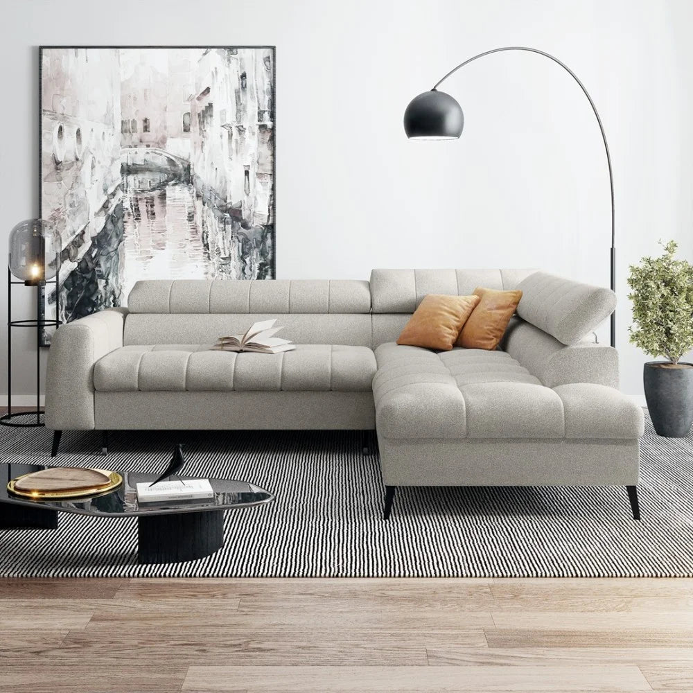 Vincent Ecksofa in L Form aus Strukturstoff mit Schlaffunktion und Bettkasten