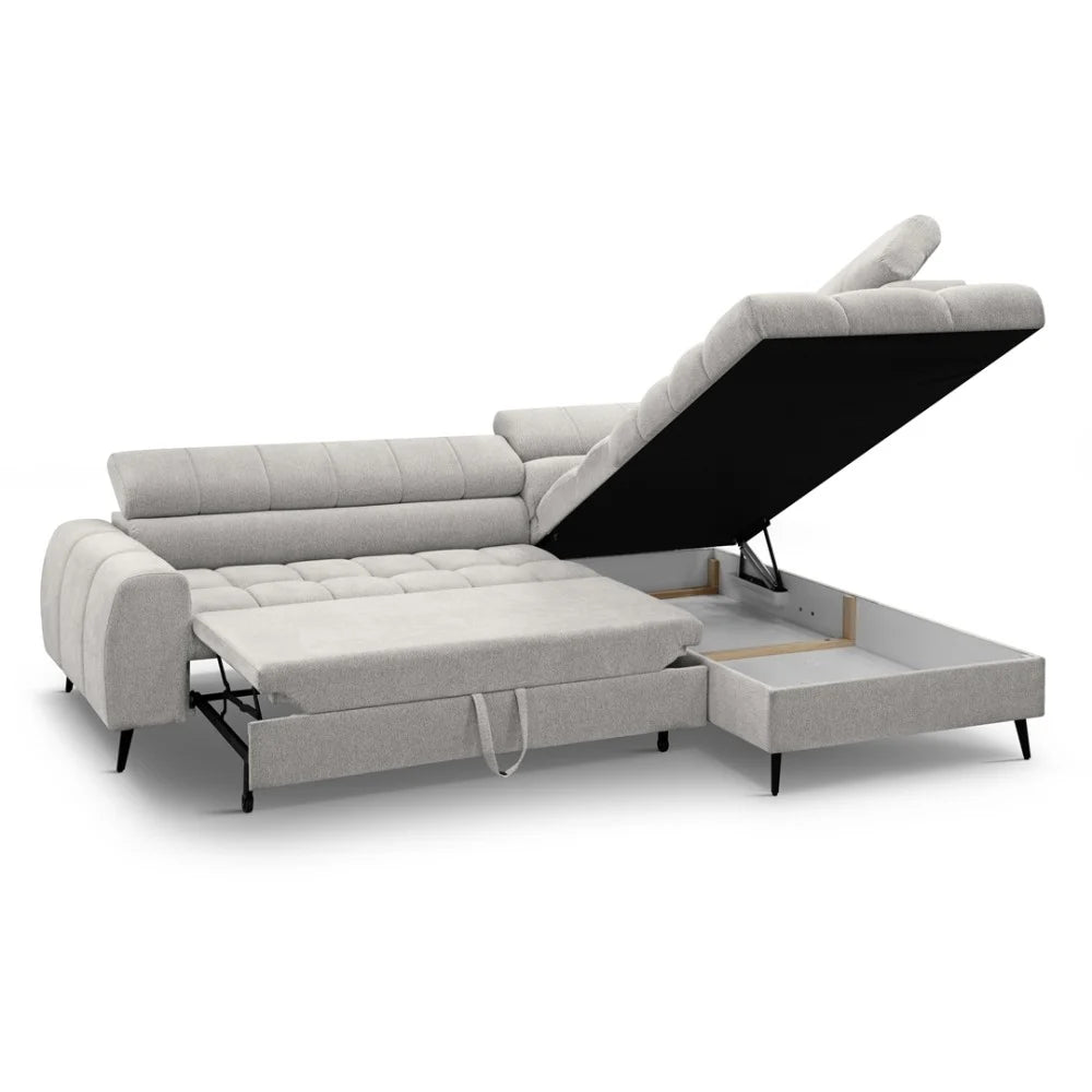 Vincent Ecksofa in L Form aus Strukturstoff mit Schlaffunktion und Bettkasten