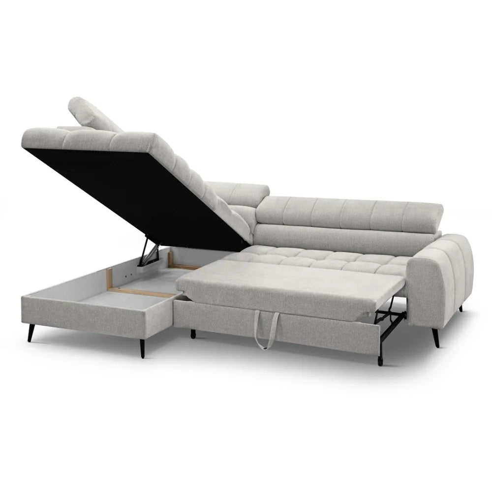 Vincent Ecksofa in L Form aus Strukturstoff mit Schlaffunktion und Bettkasten