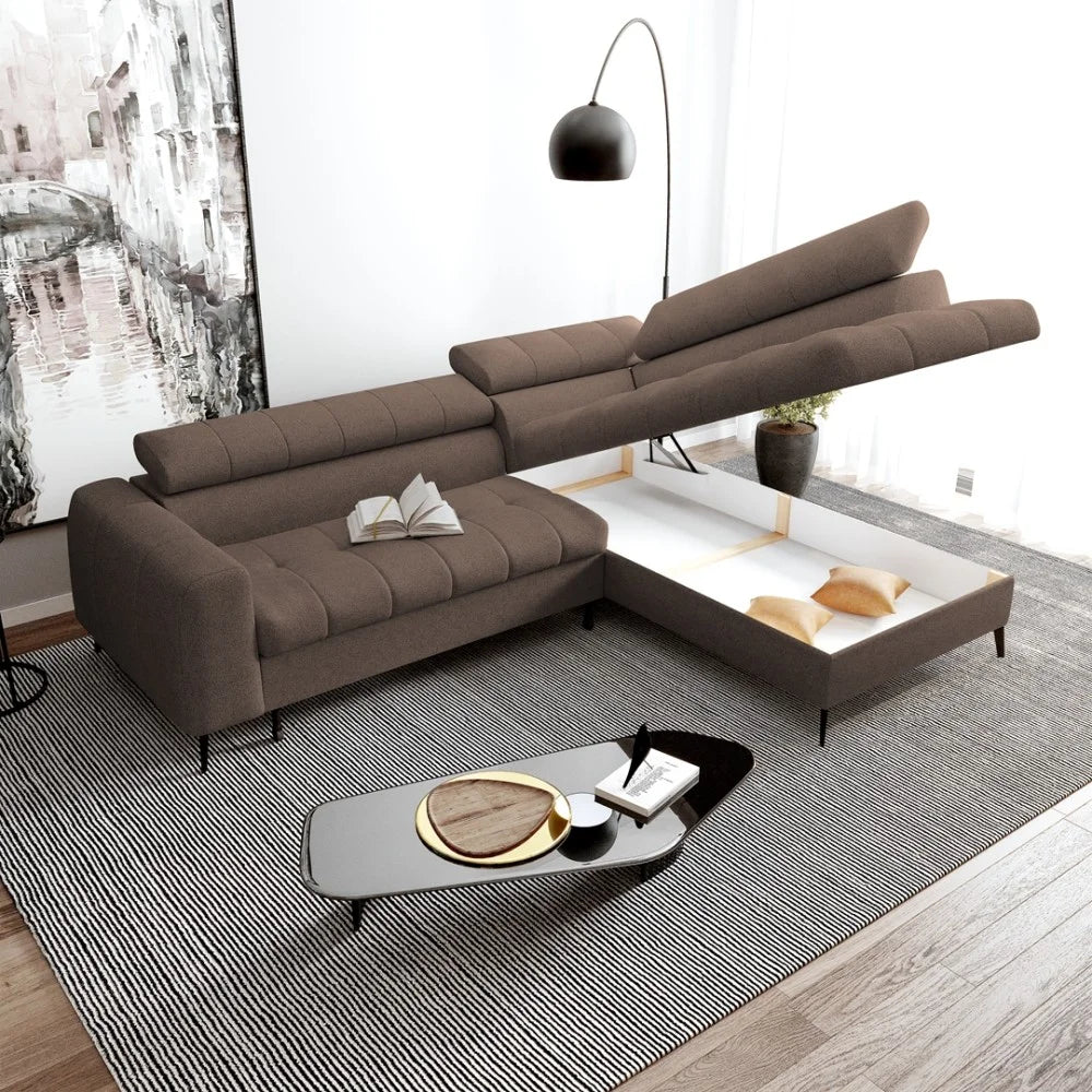 Vincent Ecksofa in L Form aus Strukturstoff mit Schlaffunktion und Bettkasten