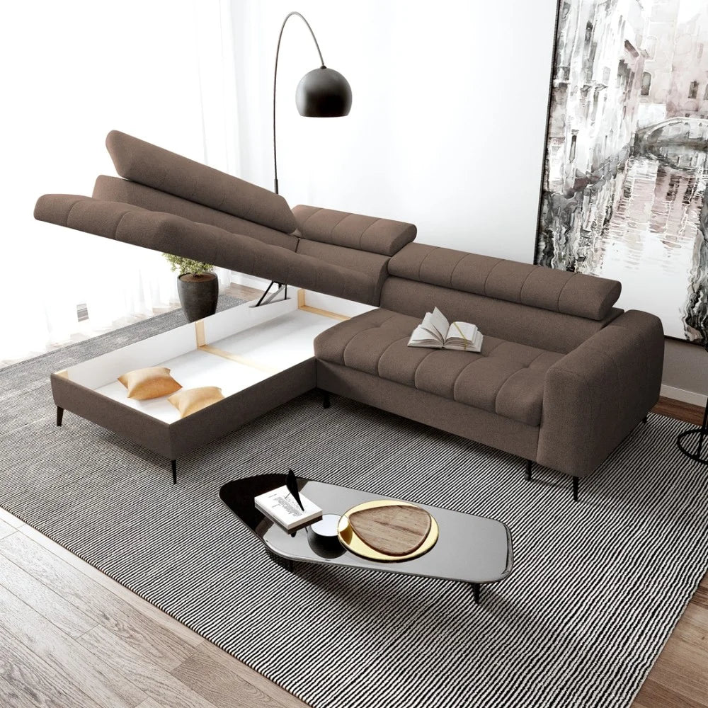 Vincent Ecksofa in L Form aus Strukturstoff mit Schlaffunktion und Bettkasten