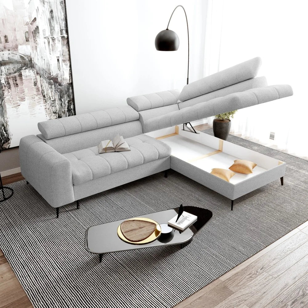Vincent Ecksofa in L Form aus Strukturstoff mit Schlaffunktion und Bettkasten