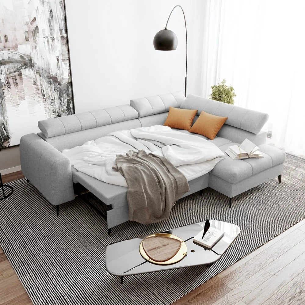 Vincent Ecksofa in L Form aus Strukturstoff mit Schlaffunktion und Bettkasten