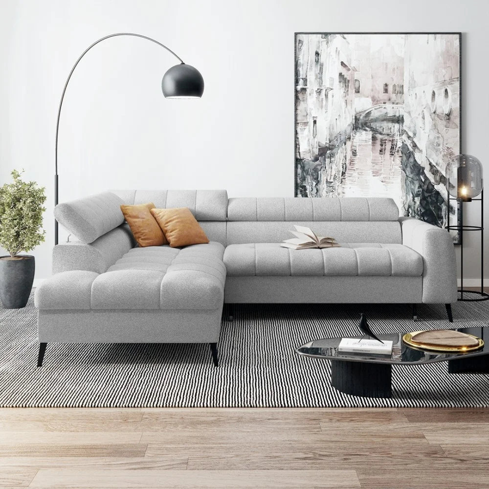 Vincent Ecksofa in L Form aus Strukturstoff mit Schlaffunktion und Bettkasten