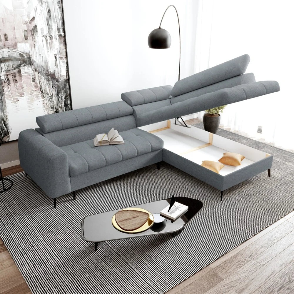Vincent Ecksofa in L Form aus Strukturstoff mit Schlaffunktion und Bettkasten