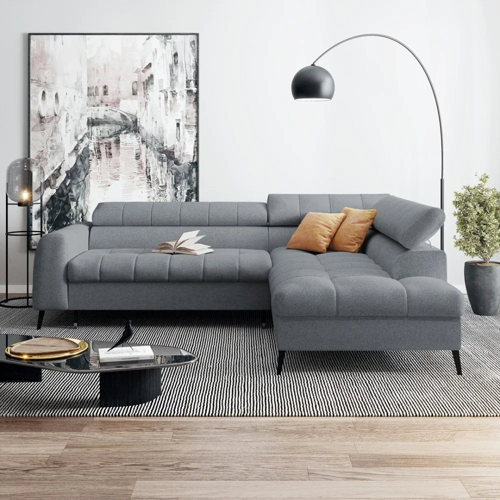 Vincent Ecksofa in L Form aus Strukturstoff mit Schlaffunktion und Bettkasten