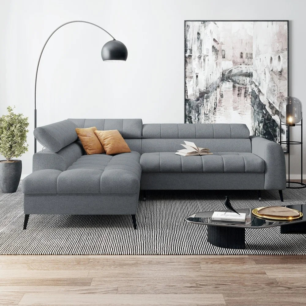 Vincent Ecksofa in L Form aus Strukturstoff mit Schlaffunktion und Bettkasten