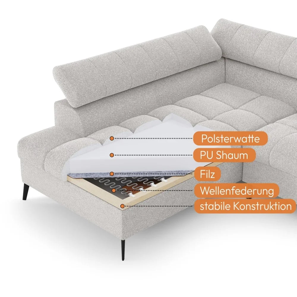 Vincent Ecksofa in L Form aus Strukturstoff mit Schlaffunktion und Bettkasten